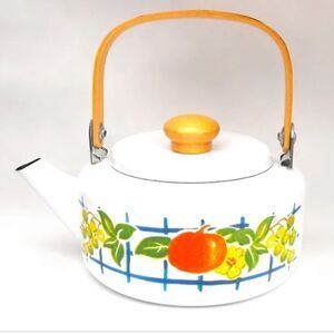 1950’s Fruit Persimmon Vintage enamel tea kettle floral design cottage core‎
